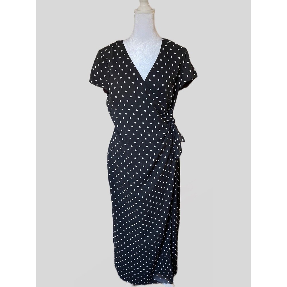 Vintage David Warren Wrap Dress Black White Polka Dot Size 6